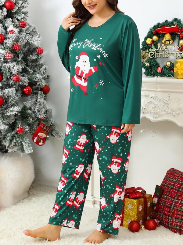  Two-Piece Set Letter & Christmas Print Pajama Set, Casual Comfy Round Neck Long Sleeve Top & Pants, Women's Sleepwear for Spring & Fall