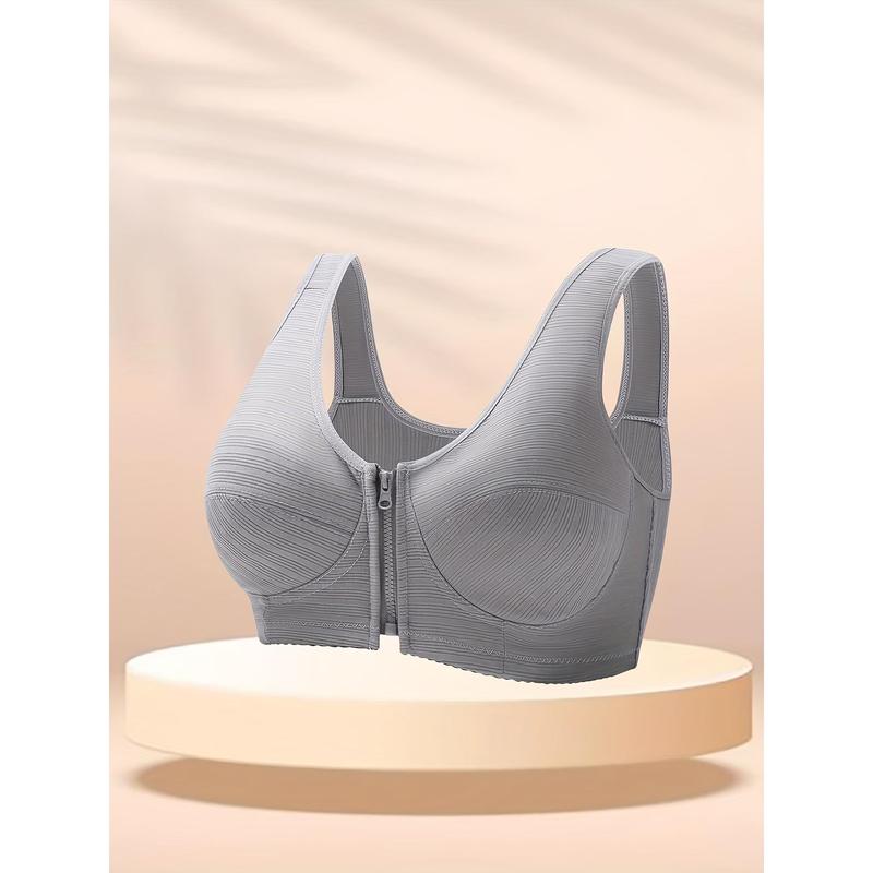 Solid Front Zipper Bra, Simple and Comfortable Wide Straps Wireless Bra, Women's Underwear and Underwear