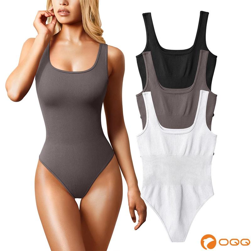 OQQ Women's 3 Piece Bodysuits Ribbed Square Neck Sleeveless Tank Tops Bodysuits Soft Spandex