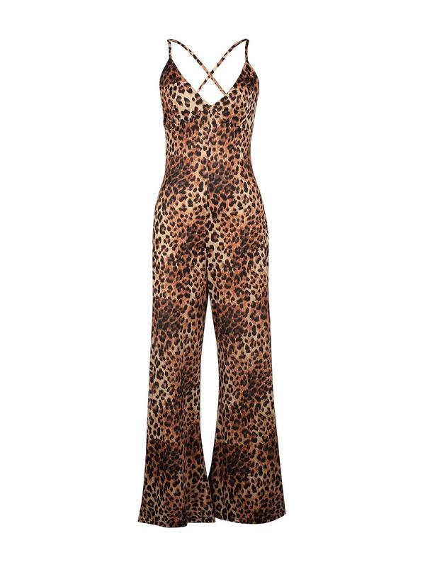 Women's Leopard Print Criss Cross Tie Backless Cami Jumpsuit, Fashion Deep V Neck Spaghetti Strap Flare Leg Jumpsuit for Holiday Party Club, Ladies Summer Clothes