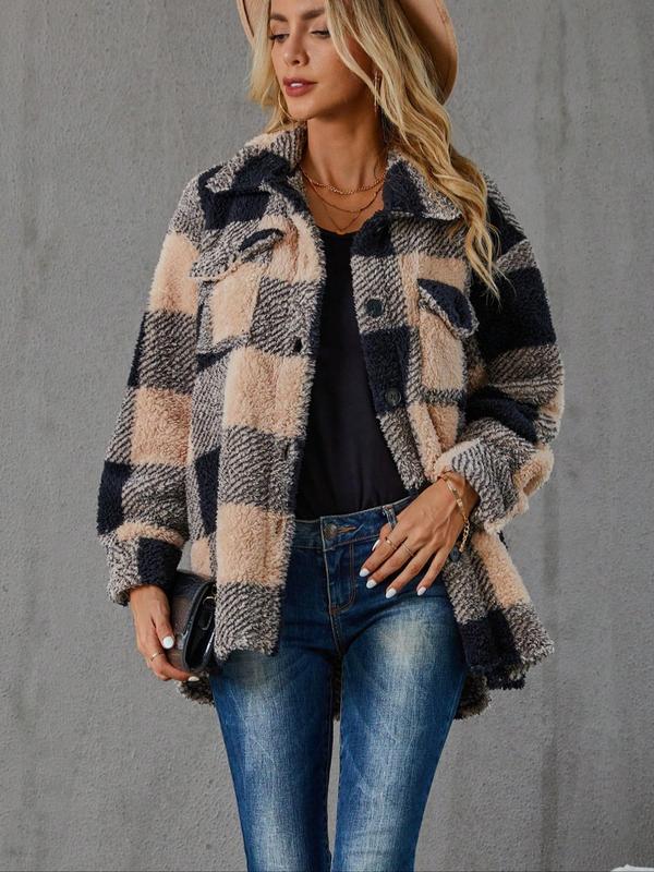 Women's Plaid Print Button Front Drop Shoulder Fuzzy Coat, Casual Long Sleeve Collared Flap Pocket Outerwear for Fall & Winter, Ladies Clothes for Daily Wear