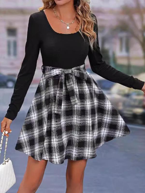 Women's Patchwork Plaid Print Belted A Line Dress, Casual Long Sleeve Scoop Neck Short Dress for Fall & Winter, Homecoming Dresses, Women's Clothing for Daily Wear