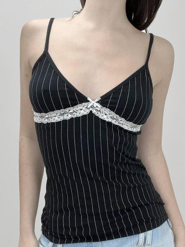 Women's Striped Print Contrast Lace Cami Top, Casual Bow Decor Spaghetti Strap Top for Summer, Summer Clothes Women, Ladies Clothes for Daily Wear