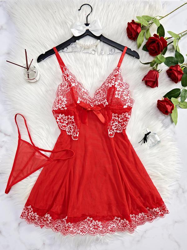 Women's Contrast Floral Lace Bow Decor Cami Nightdress & Thong Sexy Lingerie Set, Adjustable Spaghetti Strap Nightgown & Panty, Ladies Sleepwear Set