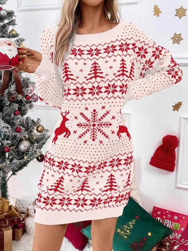 Christmas Deals Women's Christmas Print Round Neck Bodycon Sweater Dress, Casual Long Sleeve Crew Neck Knit Dress for Party Holiday Vacation, Women Crewneck Knitwear Christmas 2024 Trend, Fall & Winter Outfits