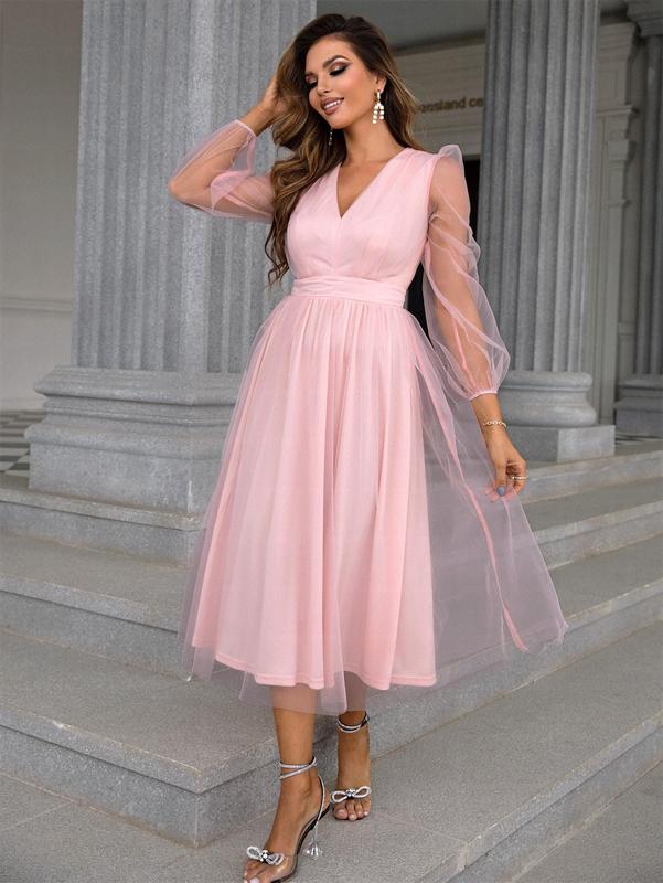 Women's Solid Contrast Mesh Fit and Flare Party Dress, Deep V-Neck Puff Sleeve Longline Dress, Solid Color Wedding Dresses, Elegant Prom Dress