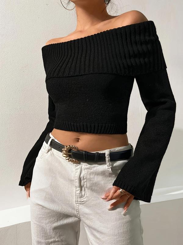 Women's Plain Fold Over Off Shoulder Crop Knit Top, Casual Flounce Sleeve Knitwear for Daily Outdoor Wear, Ladies Clothes for Fall & Winter, Fall Outfits, Fallfreshness