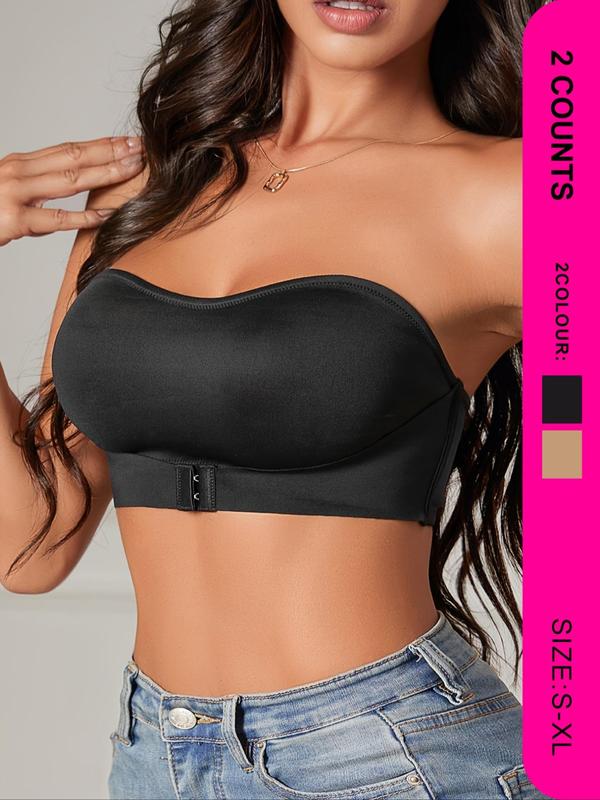 Women's Solid Wireless Push Up Bandeau Bra, Comfortable Adjustable Hook & Eye Closure Front Strapless Lingerie Top, Women's Lingerie for All Seasons