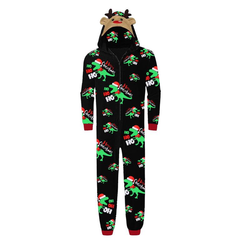 Black Green Christmas Family Matching Jumpsuit, Long Sleeve Hooded Dinosaur Print Zipper Closure Loungewear