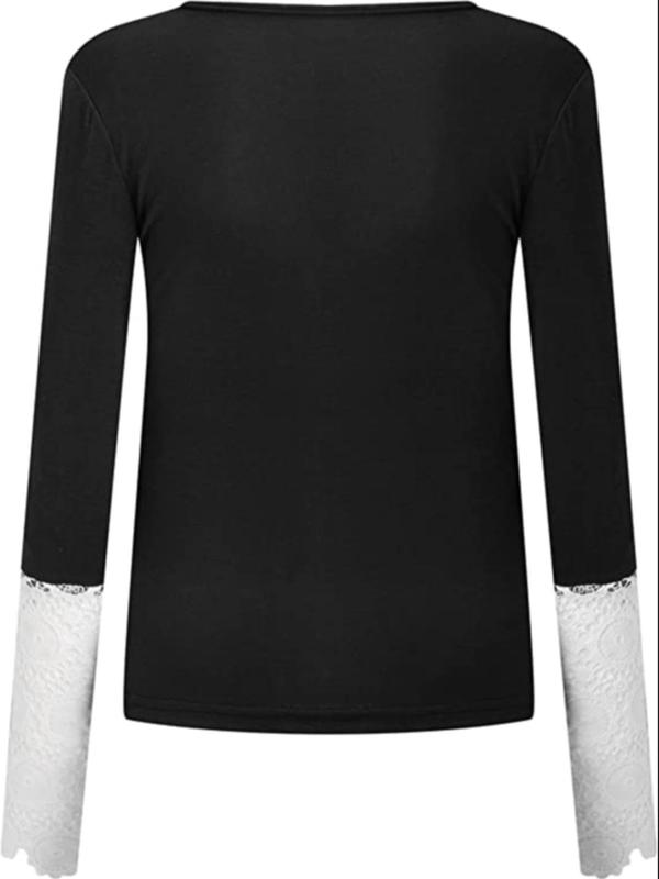 Women's Patchwork Contrast Lace Zipper V Neck Tee, Elegant Long Sleeve T-shirt for Spring & Fall, Ladies Clothes for Daily Wear