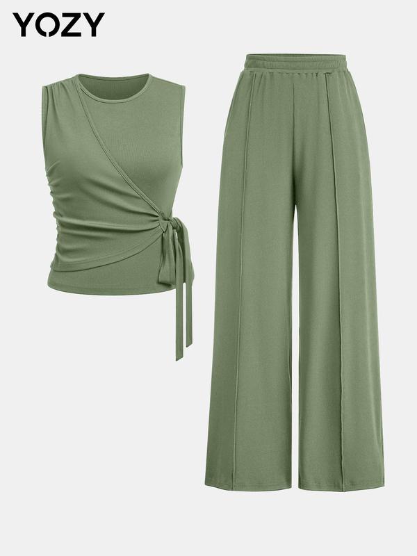 YOZY Christmas Deals, Knotted Tummy Cover Tank Top & Wide Leg Pants Set, Hide Tummy Outfits Uk, Sleeveless , Classy Going Out Tops & Elastic Waist Straight Leg Trousers Set, Christmas 2024 Trend, Fall & Winter Outfits