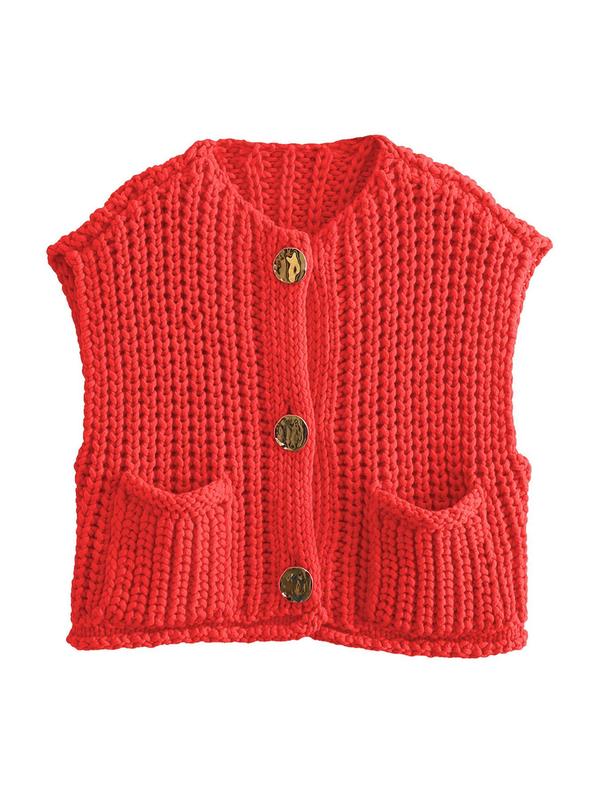 Women's Plain Button Front Pocket Sweater Vest, Casual Sleeveless Round Neck Knitwear for Daily Wear, Ladies Knitting Clothes for All Seasons