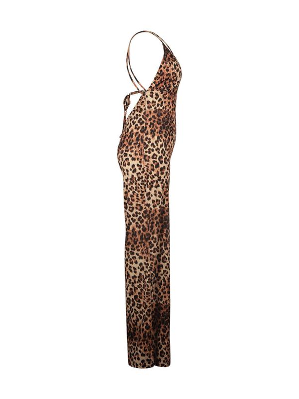 Women's Leopard Print Criss Cross Tie Backless Cami Jumpsuit, Fashion Deep V Neck Spaghetti Strap Flare Leg Jumpsuit for Holiday Party Club, Ladies Summer Clothes