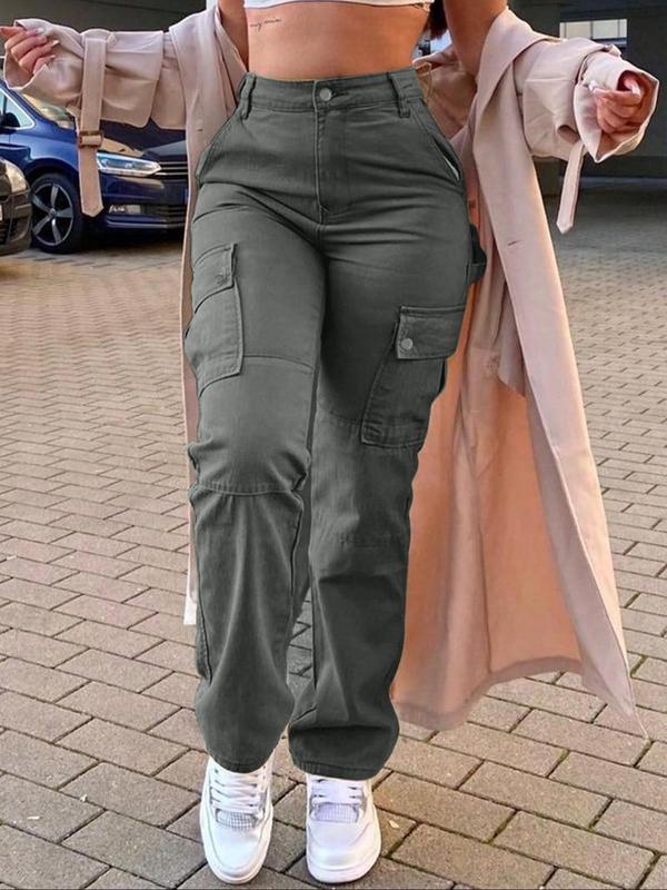 Women's Plain Multi-pocket High Waist Cargo Pants, Casual Elastic Waist Button Fly Trousers for Fall & Winter, Pants for Women, Cargo Pants Women, Women's Bottoms for Daily Wear, Downtown Girl Clothes