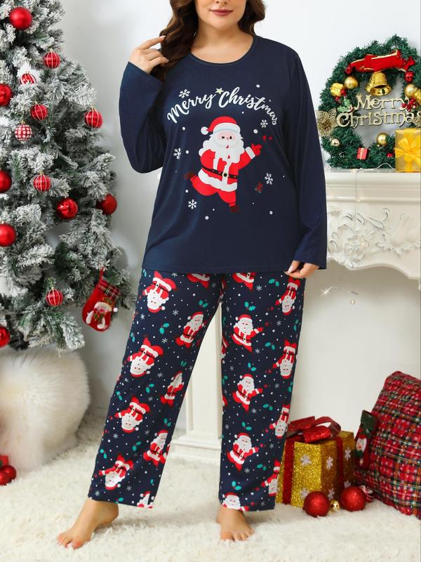  Two-Piece Set Letter & Christmas Print Pajama Set, Casual Comfy Round Neck Long Sleeve Top & Pants, Women's Sleepwear for Spring & Fall