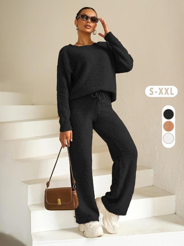 Two-Piece Set Women's Plain Drop Shoulder Knit Top & Tie Front Knitting Pants, Casual Fashion Cozy Round Neck Long Sleeve Top & Trousers for Daily Outdoor Wear, Women's Clothing for Fall & Winter