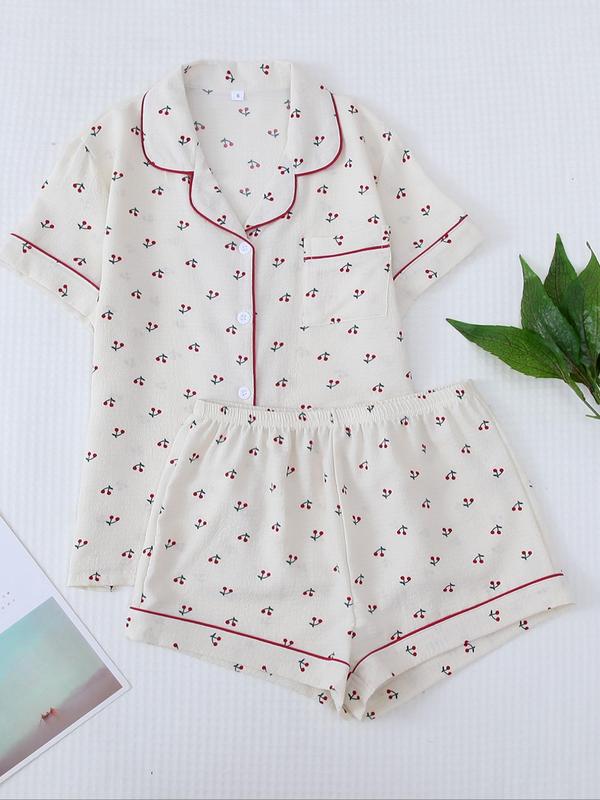 Women's Summer Cherry Print Button Shortsleeve Blouse & Elastic Waist Shorts Breathable Pajama Cute Nightwear Set, Back To School Wear, Summer Clothes Women, Casual Lapel Pocket Top & Shorts PJ Set for Homewear, Plz Purchase A Size Up, 90s Clothes
