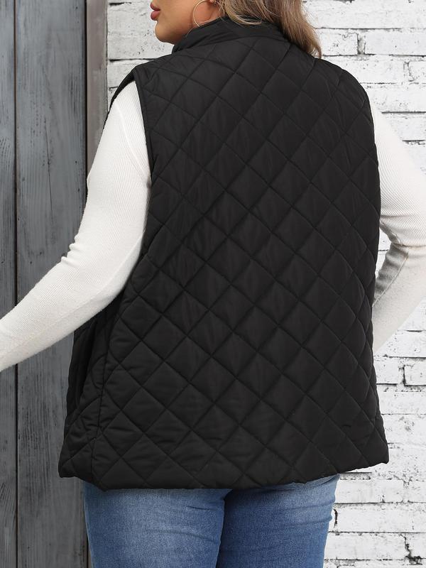  Solid Color Quilted Zip Up Pocket Vest Jacket, Casual Stand Collar Sleeveless Outerwear for Fall & Winter, Women's Clothes for Daily Wear