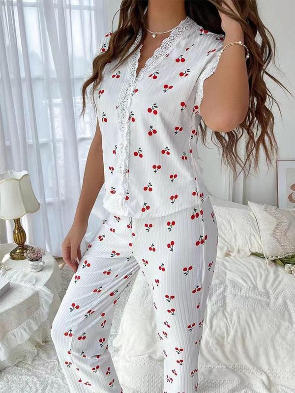 Two-Piece Set Women's Cherry Print Contrast Lace V Neck Pajama Set, Casual Comfy Short Sleeve Tee & Pants PJ Set, Ladies Sleepwear for All Seasons