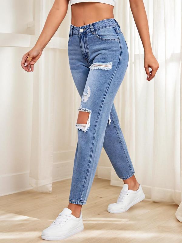 Women's Plain Ripped Button Straight Leg Jeans, Casual Pocket Design Denim Trousers for Fall & Winter, Women's Bottoms for Daily Wear