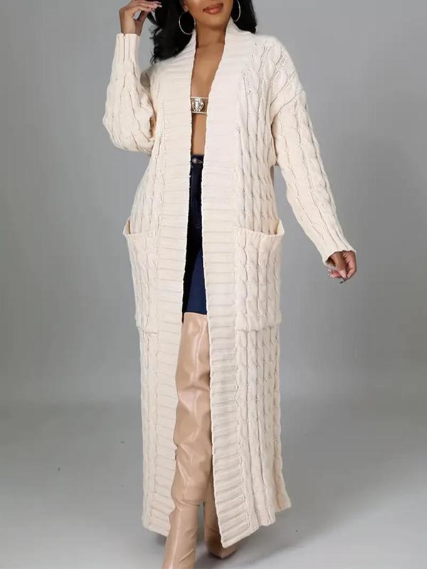  Solid Color Textured Pocket Drop Shoulder Long Cardigan, Fall Outfits, Casual Long Sleeve Open Front Knitwear for Fall, Women's Plus Clothing for Daily Wear, Winter Outfits 2024, Downtown Girl Clothes