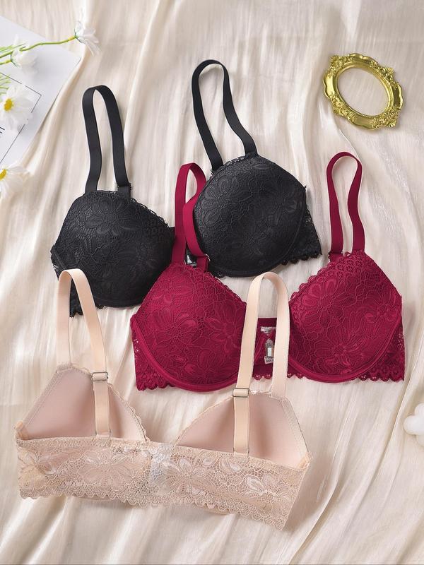 Women's Plain Floral Lace Buckle Front Backless Bra, Casual Comfortable Breathable Adjustable Strap Bra, Lingerie for All Seasons