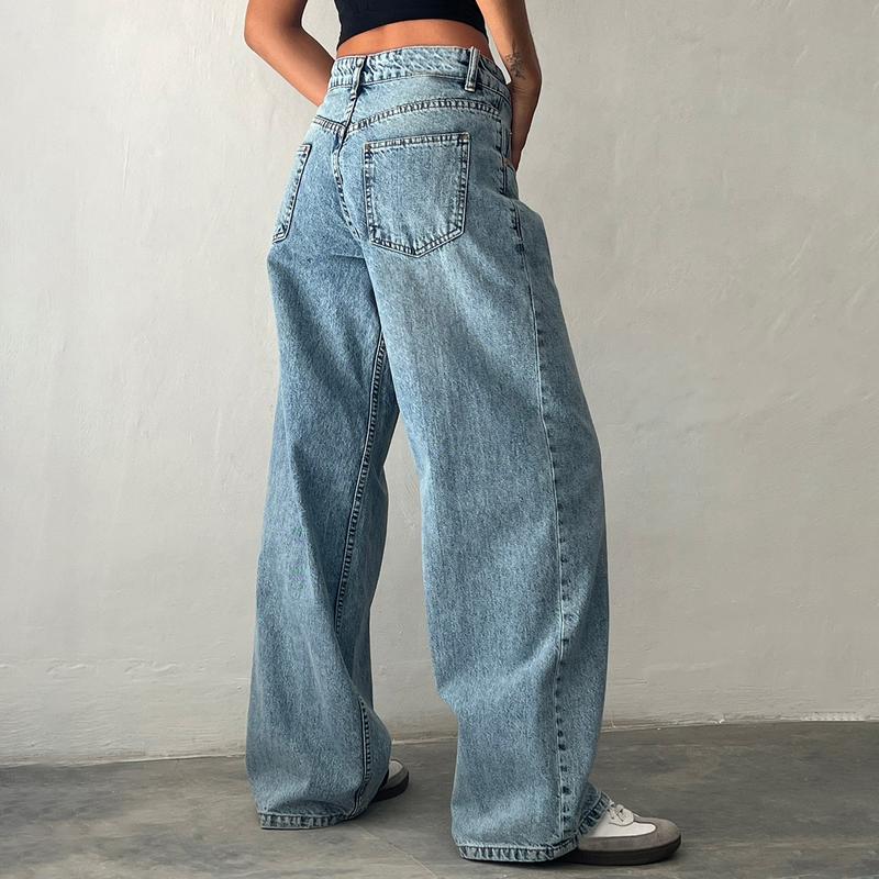 Women Spring Summer Denim Pants Low Waist Wide Leg Trousers with Multi Pockets