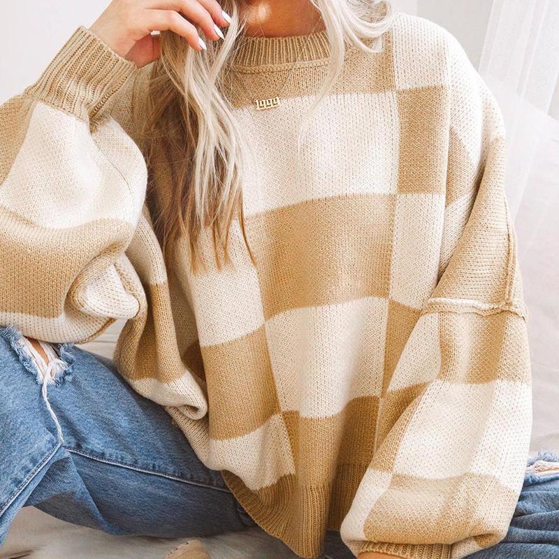 Women's Winter Checkered Bishop Sleeve Sweater in Multiple Colors - Knitwear, Womenswear Casual Comfort Long Sleeve Fashion Long Sleeve Fashion