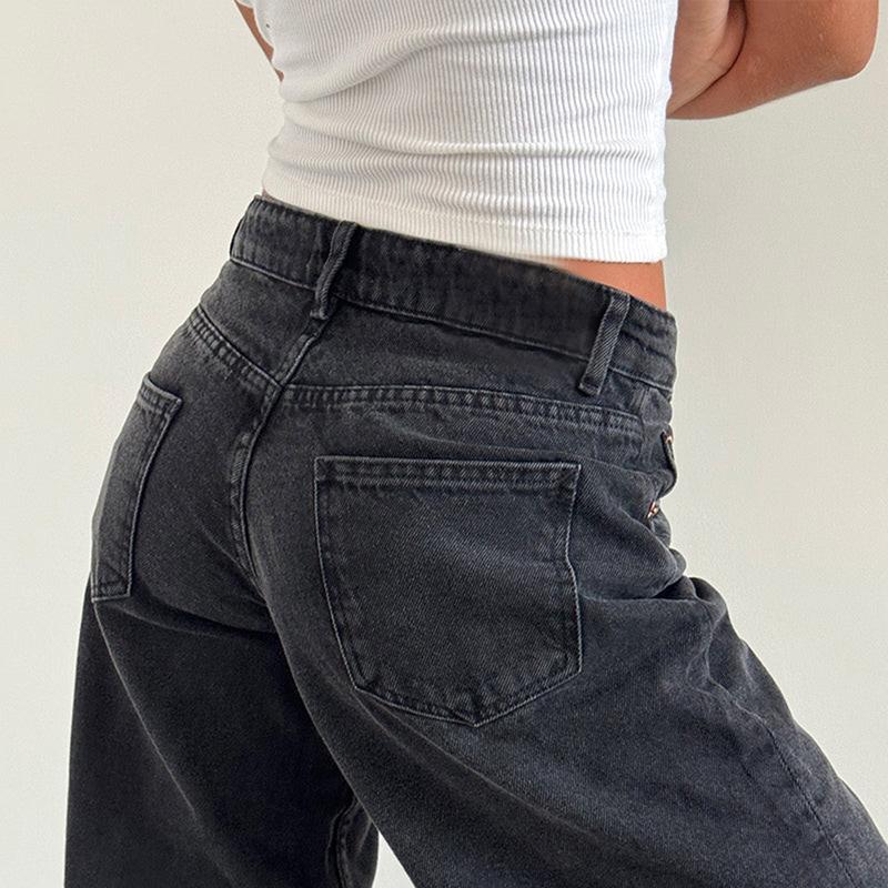 Women Spring Summer Denim Pants Low Waist Wide Leg Trousers with Multi Pockets