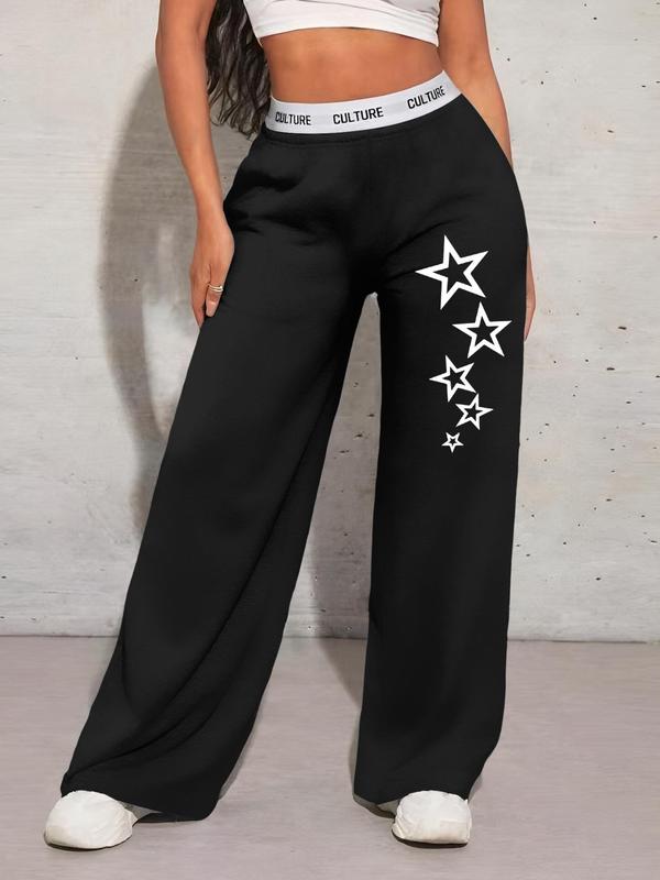 Women's Star Print Letter Tape Pocket Sweatpants, Casual Y2K Wide Leg Trousers for Daily Wear, Ladies Bottoms for All Seasons