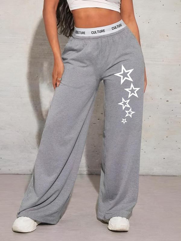 Women's Star Print Letter Tape Pocket Sweatpants, Casual Y2K Wide Leg Trousers for Daily Wear, Ladies Bottoms for All Seasons