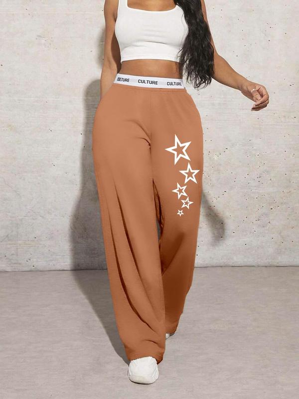 Women's Star Print Letter Tape Pocket Sweatpants, Casual Y2K Wide Leg Trousers for Daily Wear, Ladies Bottoms for All Seasons