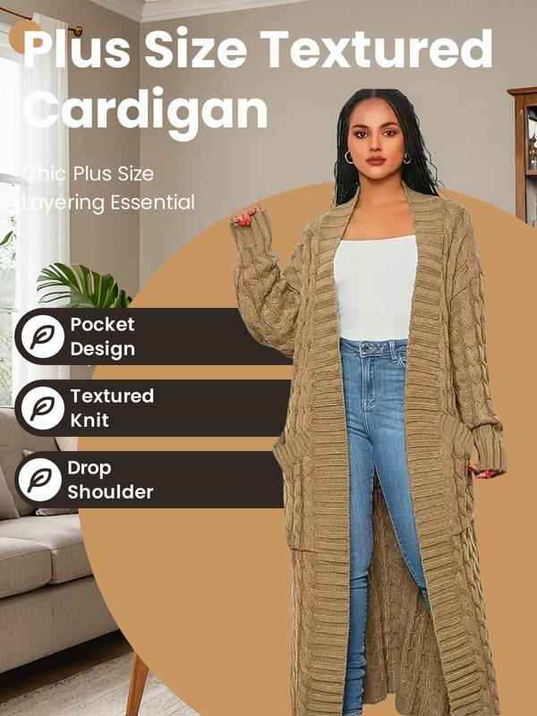  Solid Color Textured Pocket Drop Shoulder Long Cardigan, Fall Outfits, Casual Long Sleeve Open Front Knitwear for Fall, Women's Plus Clothing for Daily Wear, Winter Outfits 2024, Downtown Girl Clothes