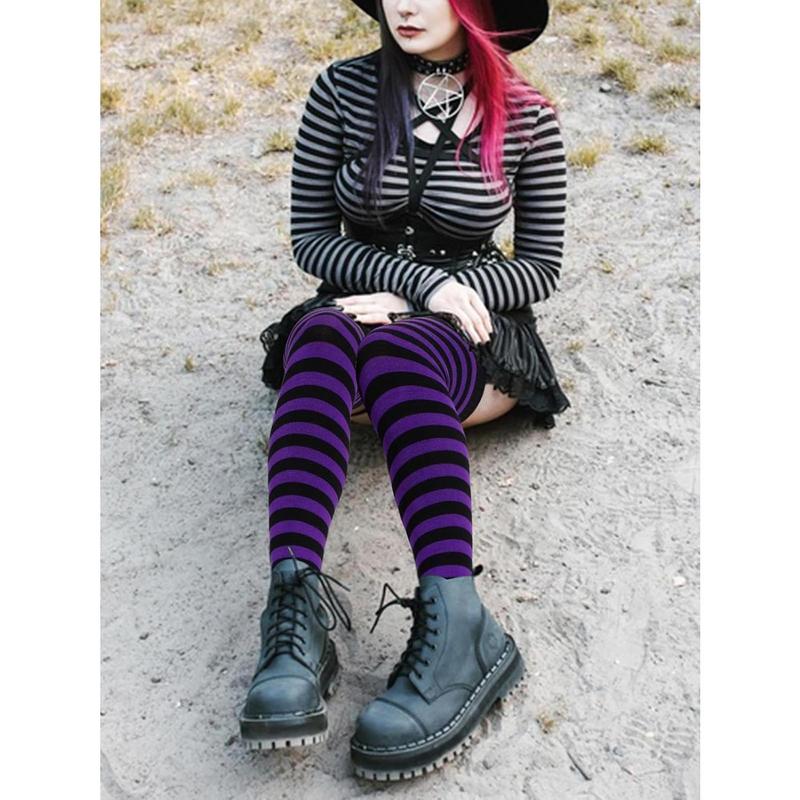 Womens Thigh High Socks Striped Knee High Socks Extra Long Cotton Knit Over the Knee Socks for Halloween