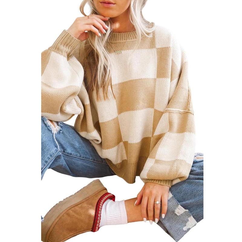 Women's Winter Checkered Bishop Sleeve Sweater in Multiple Colors - Knitwear, Womenswear Casual Comfort Long Sleeve Fashion Long Sleeve Fashion