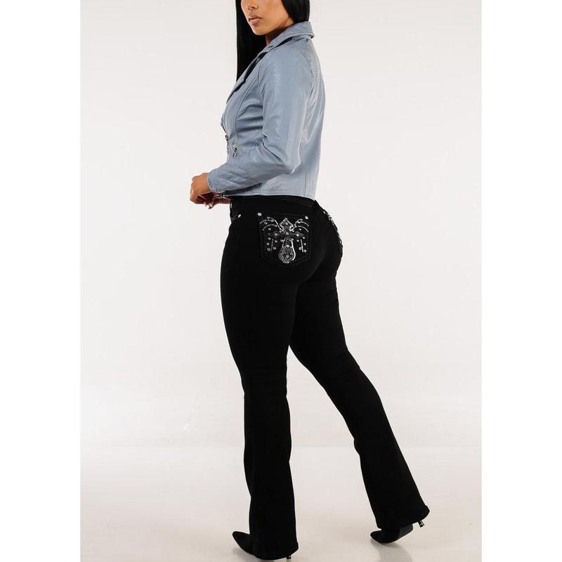 High Waist Black Bootcut Jeans w Back Pocket Design