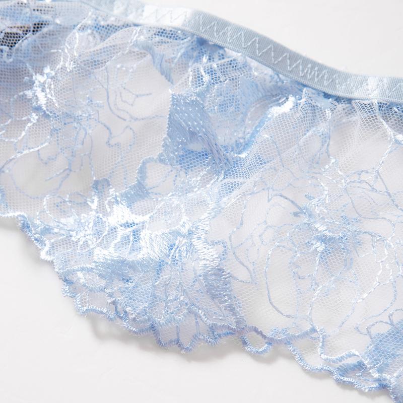 Blue Floral Embroidered Lingerie Set -Semi-Sheer Underwire Bra with Garter Belt,  Strap Basic Minimalist Underwear Womenswear Comfort Spaghetti Strap