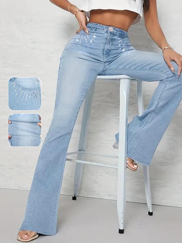 Women's Rhinestone Decor Flare Leg Jeans, Fashion Casual High Waist Bell Bottom Trousers for Daily Outdoor Wear, Women Denim for Fall & Winter