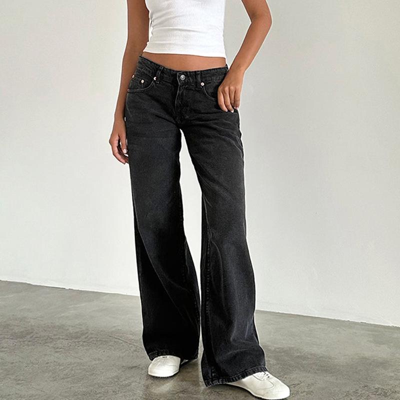 Women Spring Summer Denim Pants Low Waist Wide Leg Trousers with Multi Pockets