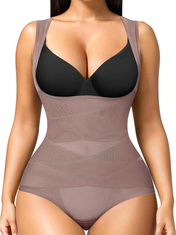 Women's Solid Color Open Bust Adjustable Hook & Eye Closure Crotch Shapewear Bodysuit, Breathable Comfortable Tummy Control Push Up Chest Shaper Bodysuit, Ladies Sexy Shapewear for All Seasons