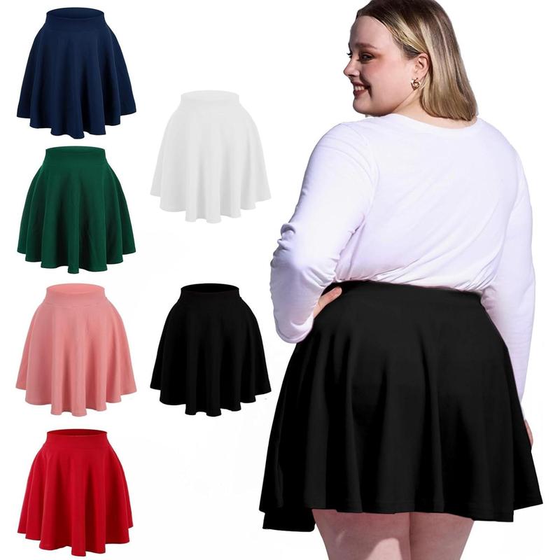 Women's plus size mini skater skirt-basic versatile high waisted flared casual stretchy skirts