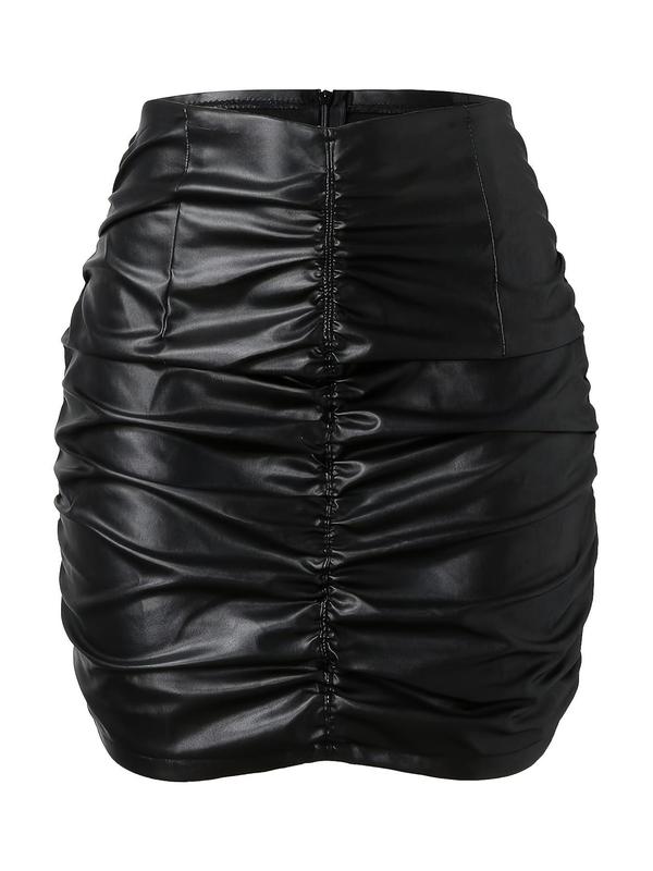 Women's Solid Ruched Bodycon Skirt, Fashionable PU Leather Skirt for Daily Outdoor Wear, Ladies Bottoms for All Seasons