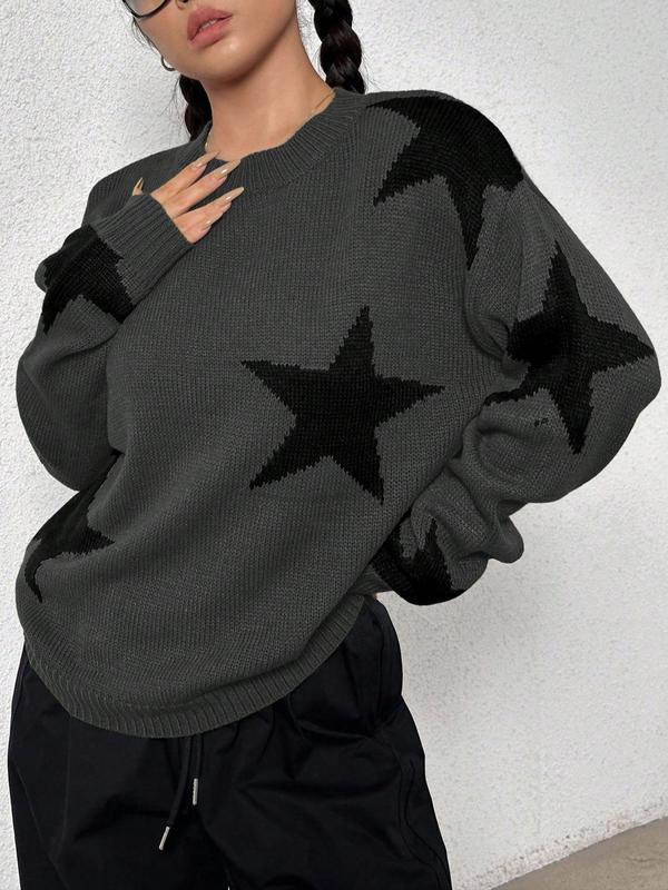 Women's Star Print Drop Shoulder Sweater, Cute Long Sleeve Round Neck Jumper for Daily Wear, Ladies Knitwear for All Seasons