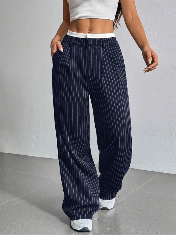 Women's All Over Striped Print Pocket Wide Leg Pants, Casual Comfy Trousers for Spring & Fall, Women's Bottoms for Daily Wear