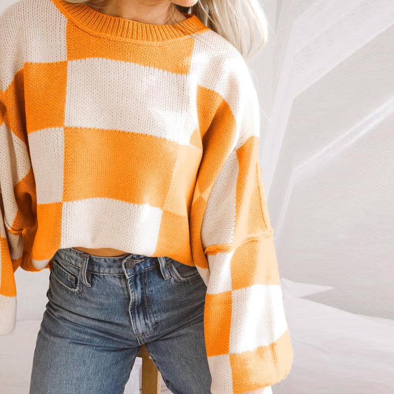 Women's Winter Checkered Bishop Sleeve Sweater in Multiple Colors - Knitwear, Womenswear Casual Comfort Long Sleeve Fashion Long Sleeve Fashion