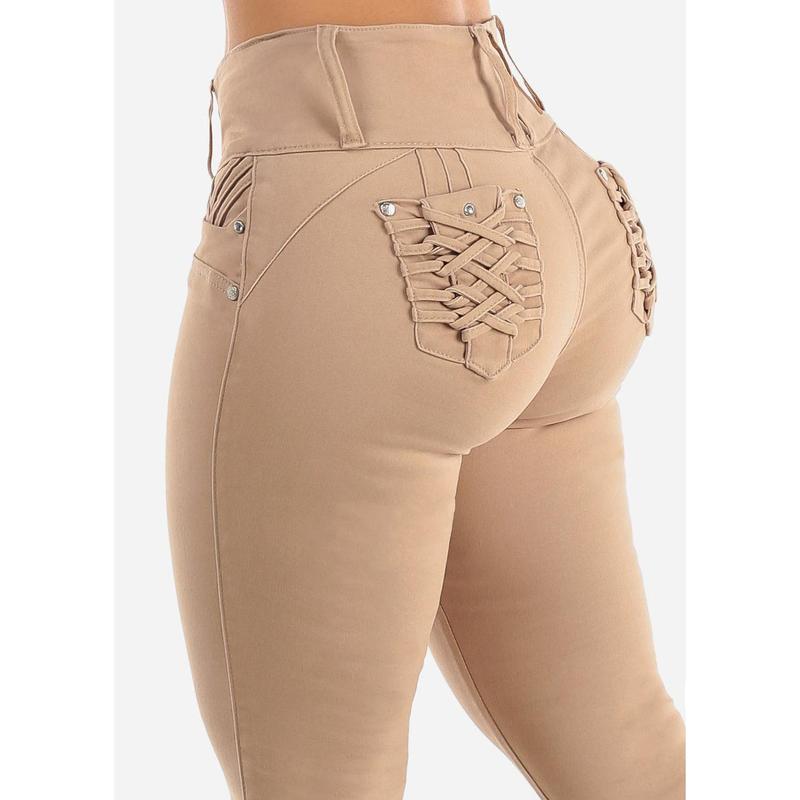 MX JEANS Braided Pocket Butt Lifting Khaki Skinny Jeans