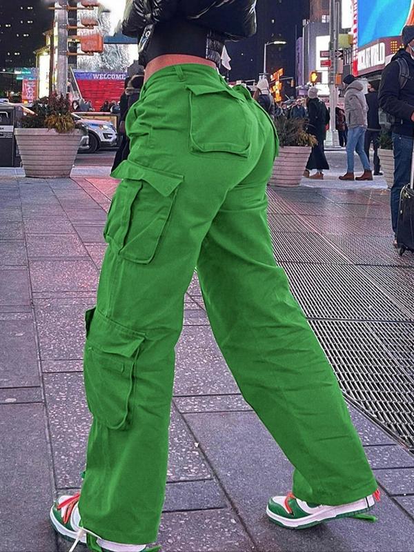 Women's Plain Drawstring Waist Cargo Pants, Street Fashion Casual Pocket Drop Waist Trousers for Daily Wear, Ladies Bottoms for All Seasons