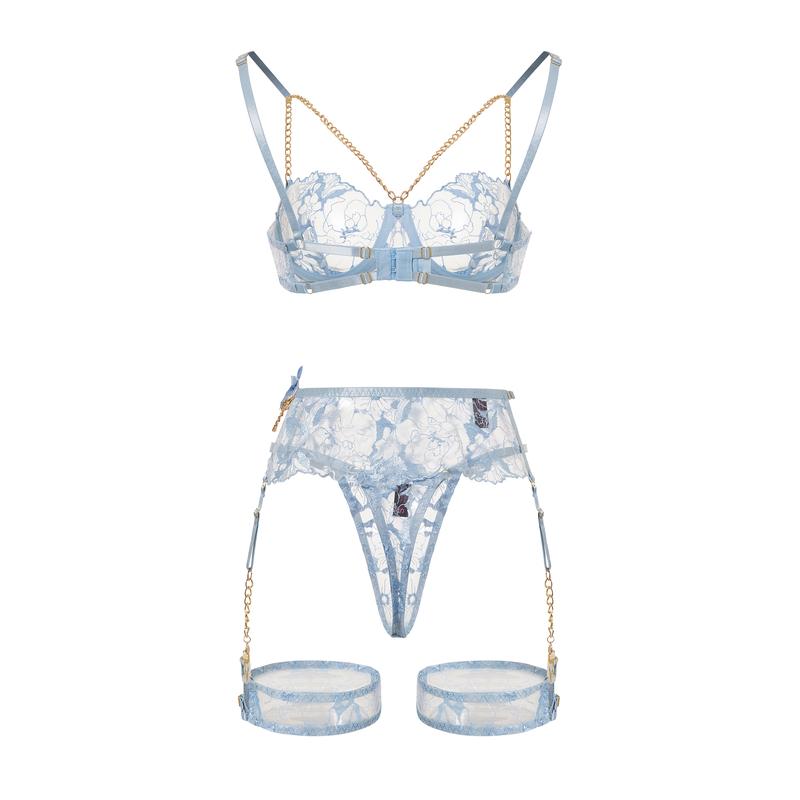 Blue Floral Embroidered Lingerie Set -Semi-Sheer Underwire Bra with Garter Belt,  Strap Basic Minimalist Underwear Womenswear Comfort Spaghetti Strap