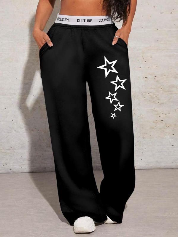 Women's Star Print Letter Tape Pocket Sweatpants, Casual Y2K Wide Leg Trousers for Daily Wear, Ladies Bottoms for All Seasons