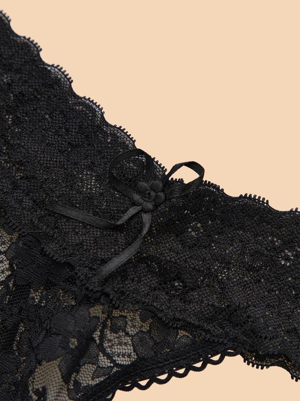 Women's Plain Floral Lace Bow Decor Thong, Sexy Casual Breathable Comfortable Panty, Women's Underwear for All Seasons